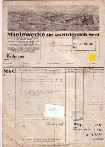 Mielewerke, Rechnung Mielewerke Akt.-Ges. Gütersloh Litho vom Firmengelände 1946
