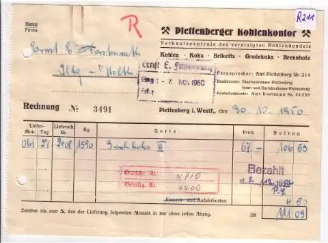 Plettenberger Kohlenkontor, Rechnung Plettenberger Kohlenkontor Plettenberg 1950 + Wiegekarte Kohlenhandlung Siepmann