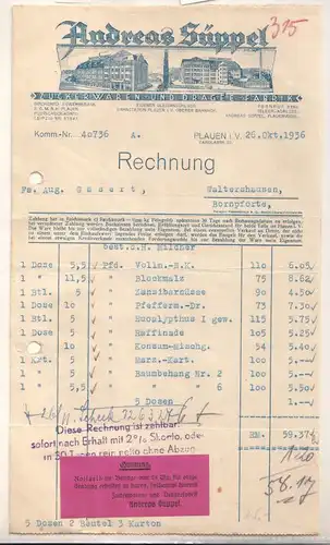 Andreas Süppel, Rechnung + Quittung Andreas Süppel Plauen i.V. 1936 Zuckerwaren- und Dragee-Fabrik