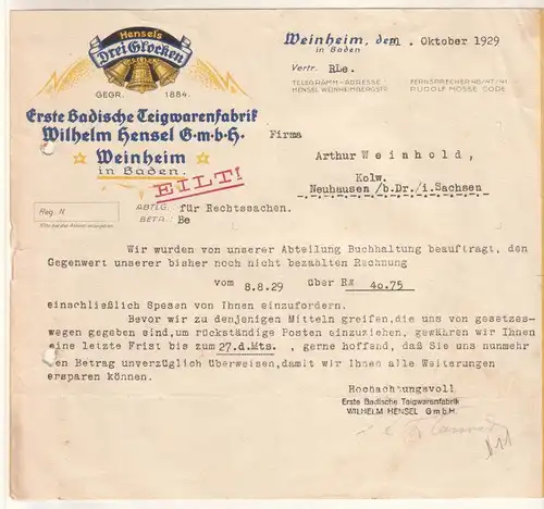 Hensel's Drei Glocken, Schreiben Hensel's Drei Glocken Weinheim 1929 Erste Badische Teigwarenfabrik Wilhelm Hensel GmbH