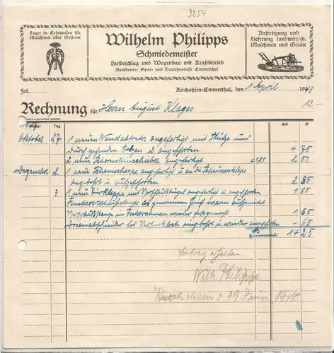 Wilhelm Philipps Schmiedemeister, Rechnung Wilhelm Philipps Schmiedemeister Kirchohsen-Emmerthal 1948 Hufbeschlag Wagenbau mit Kraftbetrieb