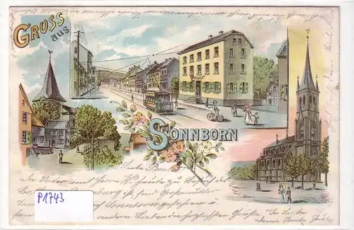 AK Lithographie Gruss aus Sonnborn zwei Kirchen Straße mit Straßenbahn 1898 gelaufen. 
