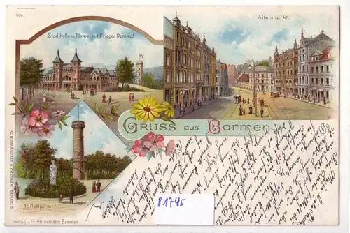AK Lithographie Gruss aus Barmen um 1900 Stadthalle und Plateau mit Krieger Denkmal Altenmarkt Töllethurm ungelaufen. 