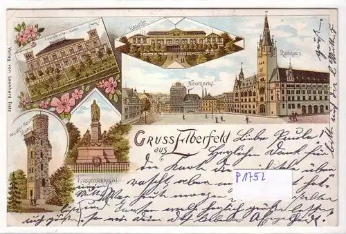 AK Lithographie Gruss aus Elberfeld Zoologischer Garten Haardt Neumarkt und Rathaus Kriegerdenkmal von der Heydt Thurm 1899 gelaufen. 