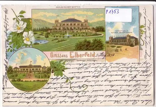 AK Lithographie Gruss aus Elberfeld Zoologischer Garten Stadthalle auf dem Johannisberg Haardt 1898 gelaufen. 