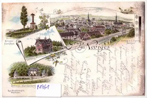 AK Lithographie Gruss aus Neviges Krieger-Denkmal Stiftung Wohlfahrt Schloss Hardenberg Ortsansicht 1898 gelaufen. 
