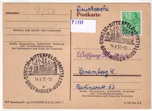 AK PK Drucksache Stempel: Bezirks-Briefmarken-Ausstellung Bitterfeld DDR 1957 gelaufen. 