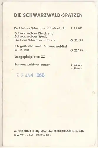 Autogrammkarte Die Schwarzwald-Spatzen signiert Ihre Spatzen umseitig Diskographie