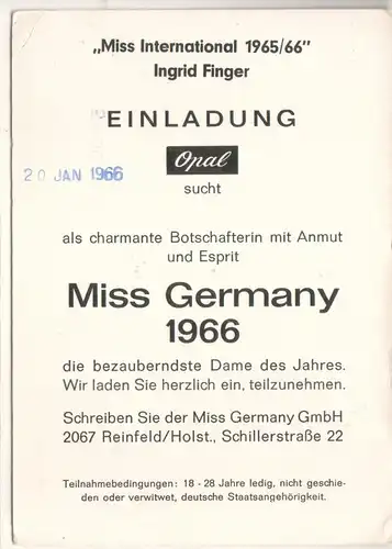 Autogrammkarte Ingrid Finger signiert umseitig Miss International 1965/66 Ingrid Finger