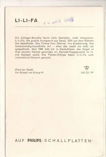 Autogrammkarte Li-Li-Fa signiert und einige koreanische Schriftzeichen datiert 1965 in Hamburg umseitig Diskographie