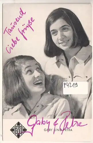 Autogrammkarte Gaby und Petra signiert umseitig Diskographie Foto: Teldec/Wolfson