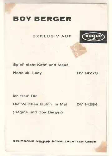 Autogrammkarte Boy Berger signiert umseitig Diskographie