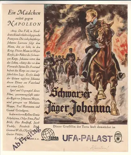 Aushangfoto oder Werbeblatt der Terra für Schwarzer Jäger Johanna. Dieser Großfilm der Terra läuft demnächst im UFA-Palast. Wohl 1930er Jahre.