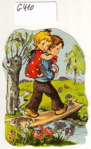 Glanzbild Junge trägt kleines Mädchen über einen Holzsteg, mit Glitter [Glitzer] ca. 7 x 5 cm