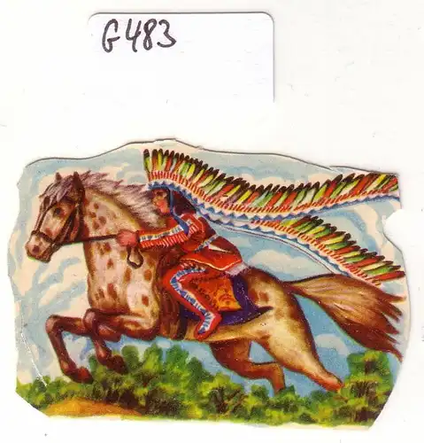 Glanzbild Indianer/Häuptling reitet auf Pferd, Federschmuck, ohne Glitter [Glitzer] ca. 3,7 x 5,4 cm