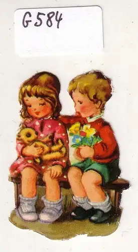 Glanzbild Zwei Kinder sitzen auf einer Bank, Blumenstrauß, Teddy, Teddybär, ohne Glitter [Glitzer] ca. 4,7 x 3,5 cm