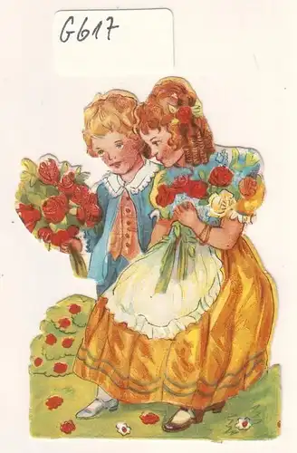 Glanzbild Zwei Kinder in prunkvoller Kleidung, Blumenstrauß, ohne Glitter [Glitzer] ca. 7,6 x 5,1 cm