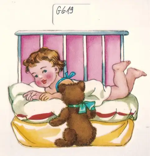 Glanzbild Kleines Kind liegt auf Kissen, Gitterbett, Teddybär, ohne Glitter [Glitzer] ca. 7,4 x 8,1 cm