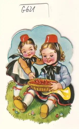 Glanzbild Zwei Kinder/Mädchen in Tracht, Schwarzwald ?, Kirschen, ohne Glitter [Glitzer] ca. 8,2 x 5,9 cm