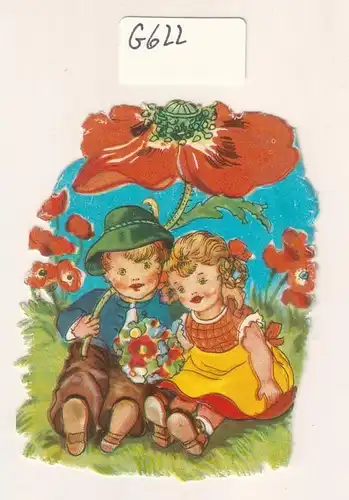 Glanzbild Zwei Kinder sitzen unter einer Blumenblüte, Junge und Mädchen, Natur, Blumenstrauß, ohne Glitter [Glitzer] ca. 7,5 x 5,7 cm