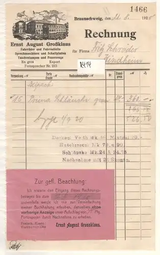 Ernst August Großklaus, Rechnung Ernst August Großklaus aus Braunschweig 1920 Fahrräder Fahrradteile Sprechmaschinen Schallplatten