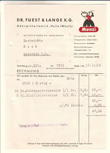 Dr. Fuest & Lange, Rechnung Nährmittelfabrik Dr. Fuest & Lange K.G. [Dr. Füst & Lange KG] Halle Westfalen 1954