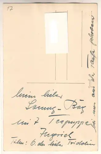 Autogrammkarte Ingrid Andree und Hans Reiser von beiden signiert, beschriebene Rückseite: Mein lieber Sammy-Bär(?) mit Teepuppe. Ingrid - Film: O du lieber Fridolin bei uns aus der Taufe gehoben, ungelaufen