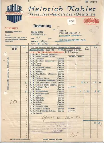 Heinrich Kahler, Rechnung Heinrich Kahler Fleischer-Qualitäts-Gewürze Berlin 1937