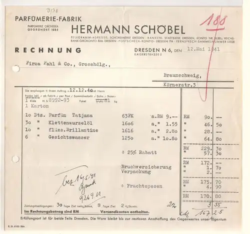 Hermann Schöbel, Rechnung Hermann Schöbel Parfümerie-Fabrik Parfümerie Orchidea Dresden 1941