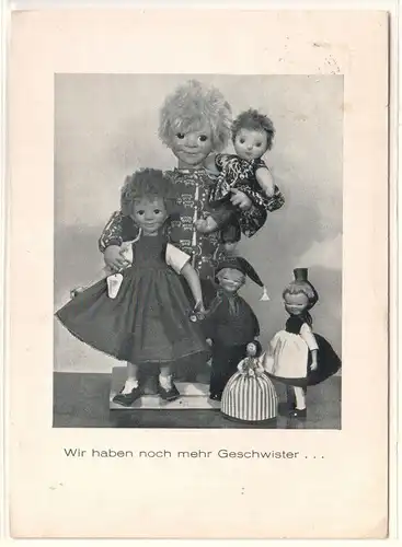 Werbepostkarte für Trachten-Puppen sowie Spiel- und Dekorationspuppen. Wir haben noch mehr Geschwister... - Firma A. G. Frost & F. Meyer-Brandt, Kunsthandwerk, Biedenkopf Lahn, 1964 gelaufen