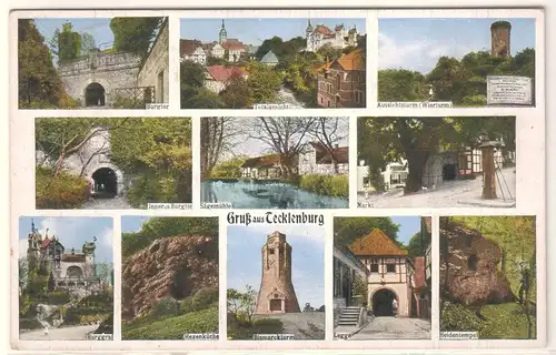 AK Gruß aus Tecklenburg, Mehrbildkarte Totalansicht, Sägemühle, Markt, Heidentempel, Burggraf, Hexenküche 1935 gelaufen. 