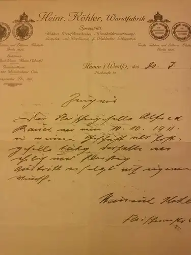 Köhler, Heinrich: Zeugnis - handschriftlich geschrieben - ... der ... 10.10.1911 in meinem Geschäft tätig ... fleißig ... Austritt erfolgt auf eigenen Wunsch. Unterschrift Heinrich...