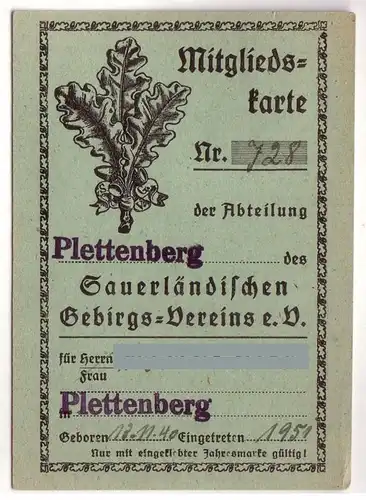 SGV: Mitgliedskarte Nr. 728 der Abteilung Plettenberg des Sauerländischen Gebirgs-Vereins e.V. - Rückseite ohne geklebte Beitragsmarke, jedoch handschriftlicher Vermerk: Beitrag 1954 bezahlt! / Einzelkarte, beidseitig bedruckt. 