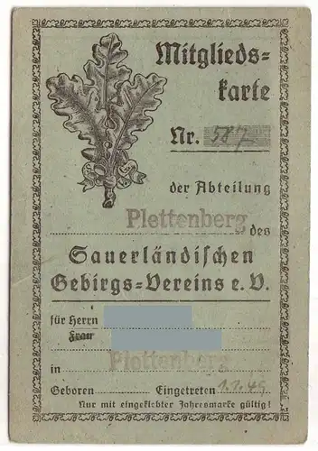 SGV: Mitgliedskarte Nr. 587 der Abteilung Plettenberg des Sauerländischen Gebirgs-Vereins e.V. - Rückseite mit Beitragsmarke von 1953, darunter wohl ältere Marken geklebt / Einzelkarte, beidseitig bedruckt. 