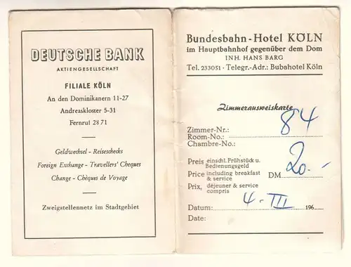 Zimmerausweiskarte Bundesbahn-Hotel Köln