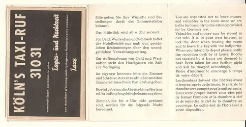 Zimmerausweiskarte Bundesbahn-Hotel Köln