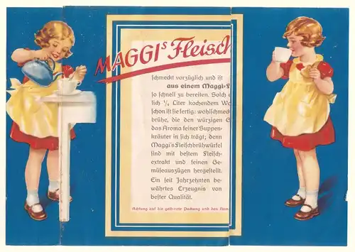 Faltbroschüre/Faltwerbung (2x halb und dann noch 2x ganz, fast wie ein Leporello) &quot;Ich weiß es genau!&quot; der Firma Maggi. Innenseiten mit Werbung für Maggi [Maggis]...