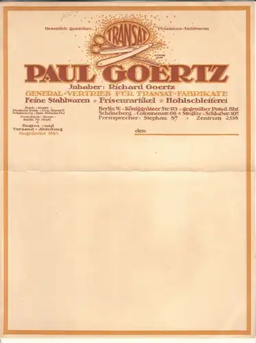 Goertz, Rechnung oder Schreiben (BLANKO) Paul Goertz Inhaber: Richard Goertz Berlin General-Vertrieb für Transat-Fabrikate