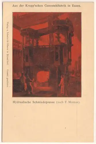 AK Essen Aus der Krupp'schen Gussstahlfabrik Hydraulische Schmiedepresse (nach F. Montan) Alfred Krupp Künstlerkarte ungelaufen, 1902 zu datieren (Stempel Industrie- und Gewerbe-Ausstellung Düsseldorf 1902). 