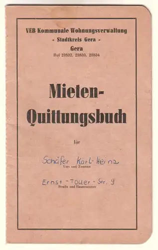 Mieten-Quittungsbuch Stadtkreis Gera DDR VEB