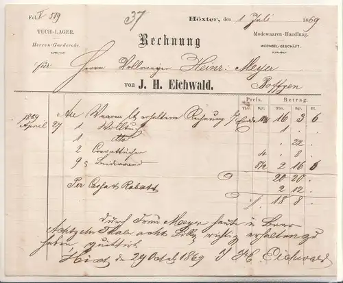 J. H. Eichwald, Rechnung J. H. Eichwald Höxter 1869 Tuch-Lager Herren-Garderobe