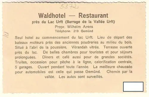 AK Werbekarte Waldhotel Restaurant pres du Lac Urft Barrage de la Vallee Urft Propr. Wilhelm Arens, OHNE Adresszeilen. 