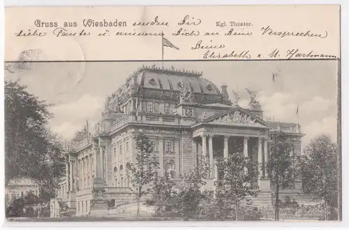 AK Gruß aus Wiesbaden Kgl. Theater 1900 gelaufen. 