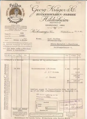 Zuckerwaren-Fabrik Georg Krüger, Rechnung Georg Krüger & Co. Hildesheim 1940 Zuckerwaren-Fabrik