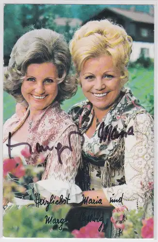 Autogrammkarte Maria und Margot Hellwig, signiert, umseitig Diskographie, EMI Electrola