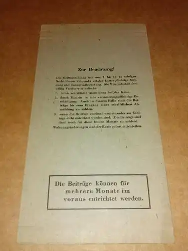 AOK Iserlohn (Hrsg.): Beitrags-Quittungskarte für freiwillige Mitglieder für das Jahr 1945/1946 für ein Mitglied in Menden wohnend -  Allgemeine Ortskrankenkasse für den Stadt- und Landkreis Iserlohn 21 in Iserlohn Treppenstraße. 