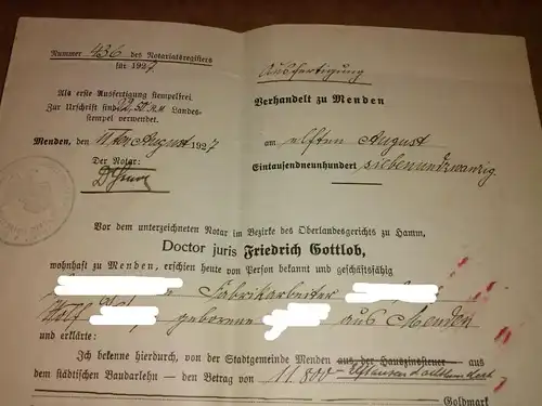 &quot;Urkunde/Ausfertigung/Faltblatt von 1927 Nummer 436 des Notariatsregisters für 1927 über eine in Menden wohnhafte Person, die von der Stadtgemeinde Menden aus dem städtischen Baudarlehn den...