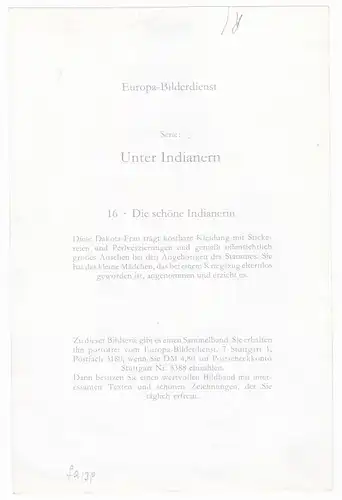 Sammelbild Europa-Bilderdienst Serie Unter Indianern Nr. 16 Indianer - Die schöne Indianerin. 