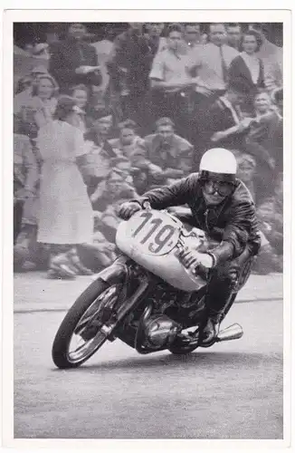 Sammelbild Austria-Bildwerk E243 Werner Haas NSU-Rennmaschine Motorrad 250 ccm - REGIE - Folge II - Serie 10: Deutscher Motorsport B - Werner Haas in blendendem Fahrstil auf der 250 ccm-NSU-Rennmaschine. 