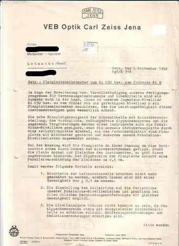 VEB Optik Carl Zeiss Jena (Hrsg.): VEB Optik Carl Zeiss Jena - Brief Jena, den 5. September 1952 VgV/R318 Betr.: Planplattenmikrometer zum Ni 030 bzw. zum früheren Ni B - Werbeschreiben an einen Kunden. 